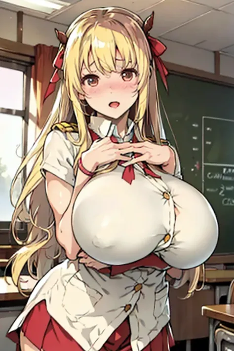 breast focus,loose school uniform is sheer, button gap,(covered nipples:0.7),breasts,under breasts ,red white gold uniform,(side-tie peek:1.5),(button gap:1.5), white skirt, white top, red ribbon, golden buttons, golden shoulder pats, young adult, 19 years...