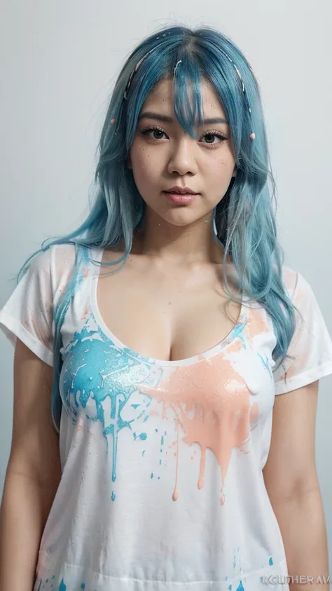 (Craftsmanship, Best Quality, High Resolution), White Background, Acrylic Paint, ((Color Splash, Ink Splash, Color Splash)), Indonesian girl Cute, chubby,Long Light Blue Hair, [Light Blue|Pink] Hair,  Curly Hair, Glitter, Peach Lips, White Shirt, Front, Up...