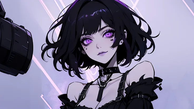 jk. 1girl. neon palette, short black hair, side swept bangs, dark purple eyes, black ruffled crop-top dress, shoulders exposed, ...