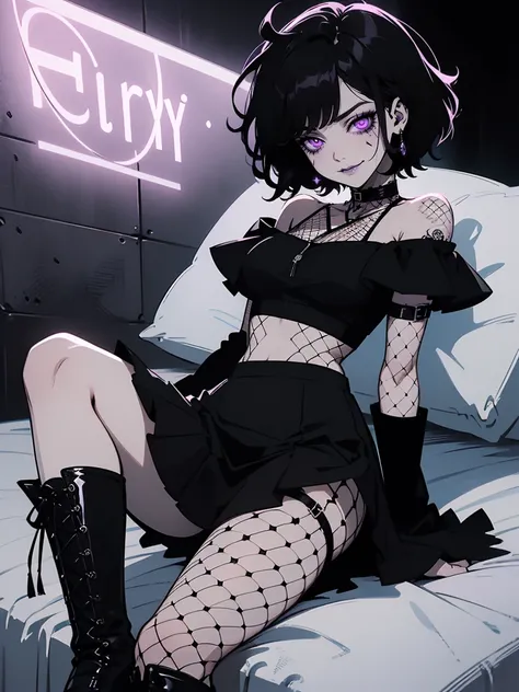 Jk. 1girl. Neon palette, short black hair, side swept bangs, asymmetrical hair, black ruffled crop-top dress, shoulders exposed, black tennis skirt, black fishnets, black knee-high boots, black choker on neck. Tattoos on arms. Dark bedroom background.