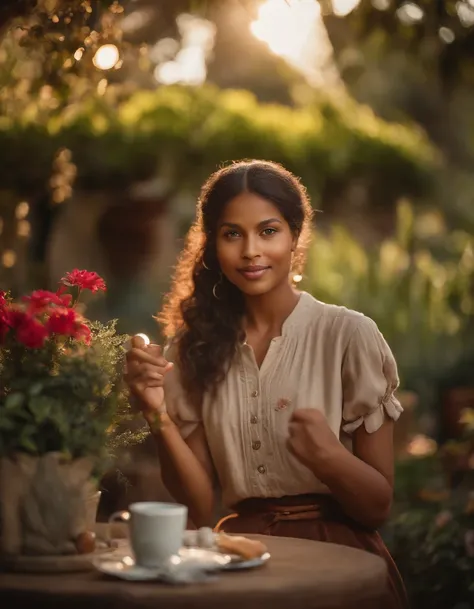 A malagasy girl (18 uears old) with beautiful detailed eyes and lips enjoying a cup of coffee in a garden. The girl is sitting at a table with a mug in her hands, taking a delicate sip of the coffee. The garden is filled with vibrant greenery, colorful flo...