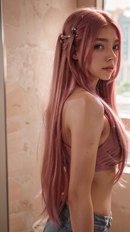 pink hair,long hair,One-sided hairpin blush modern lighting,Ray tracing,Projection wide angle lens ultra high definition,textured skin,high detail,Best quality 4K