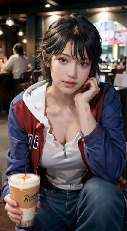 (realistic, high resolution:1.3), one girl with perfect figure, very detailed face and eyes, short hair, big breasts、(ichiro yam...