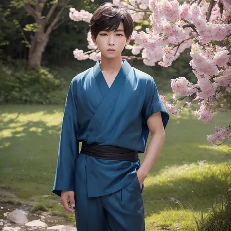 ハンサムなboy、(Photoreal:1.4),ultra high resolution, Super detailed, masterpiece, highest quality,oriental、boy、alone、game poster、kimono、pants、fields、farmer、(Upper body:1.3)