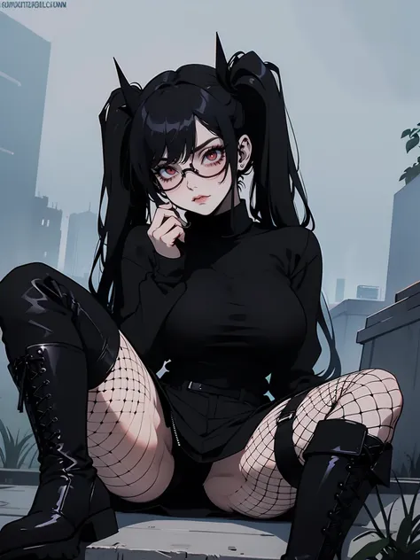 Jk. 1girl. Neon palette, black glasses, long black twintail hair, black oversized sweater, black fishnets on legs, black knee-high boots. big breasts, medium thighs.