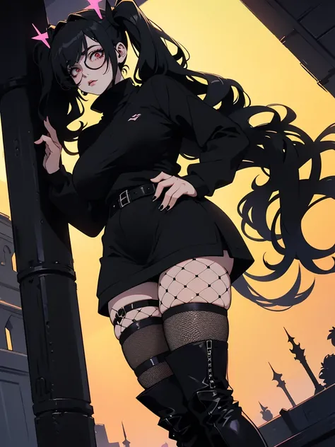 Jk. 1girl. Neon palette, black glasses, long black twintail hair, black oversized sweater, black fishnets on legs, black knee-high boots. big breasts, medium thighs.