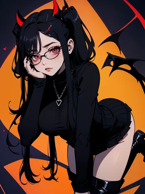 Jk. 1girl. Black glasses, long black twintail hair, black oversized sweater, black fishnets on legs, black knee-high boots. big breasts, medium thighs. Crimson red horns on head. Succubus tail.