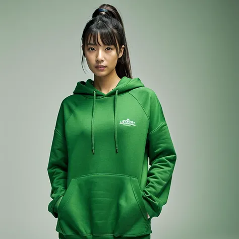 A realistic Asian female model standing and wearing a green sweat hoodie 