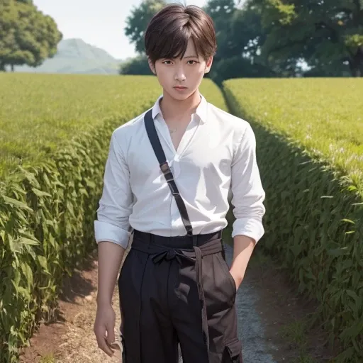 ハンサムなboy、(Photoreal:1.4),ultra high resolution, Super detailed, masterpiece, highest quality,oriental、boy、alone、game poster、tied the obi、pants、fields、farmer、bust shot