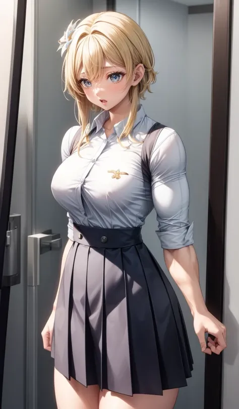 lumine, (muscular female:1.1),school uniform jacket, skirt, ,muscular thighs
masterpiece, best quality,  extremely detailed face, perfect lighting, extremely detailed CG,open mouth,