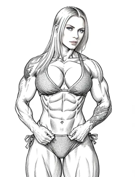 a drawing of a woman with a tattoo on her chest, dicke schwarze Lineart, digitally colored, fette Lineart, inspiriert von Rob Liefeld, gezeichnet im Stil von Mark Arian, Bodybuilder-Superhelden-Bikini, dicke Lineart, intensive Strichzeichnungen, Dorischer ...