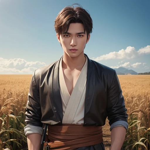 Handsome guy、(Photoreal:1.4),ultra high resolution, Super detailed, masterpiece, highest quality,oriental、boy、alone、game poster、tied the obi、pants、fields、farmer、bust shot