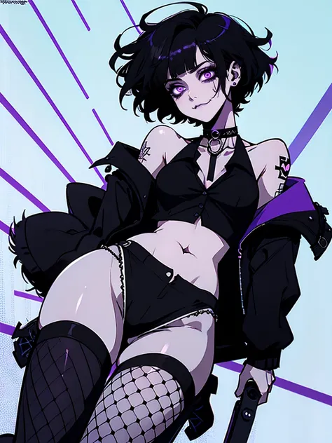 Jk. 1girl. Neon palette, short black hair, side swept bangs, asymmetrical hair, black buttoned shirt, black and purple jacket with fluff. black booty shorts, black fishnets on legs, no shoes, black choker on neck. Tattoos on arms. hands in pockets.