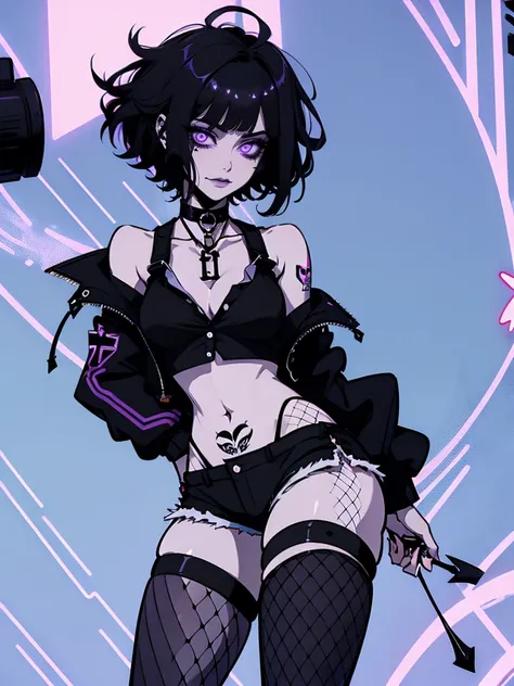 Jk. 1girl. Neon palette, short black hair, side swept bangs, asymmetrical hair, black buttoned shirt, black and purple jacket with fluff. black booty shorts, black fishnets on legs, no shoes, black choker on neck. Tattoos on arms. hands in pockets.