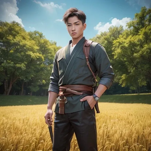 handsome and kid、(Photoreal:1.4),ultra high resolution, Super detailed, masterpiece, highest quality,oriental、boy、alone、game poster、tied the obi、pants、fields、farmer、bust shot