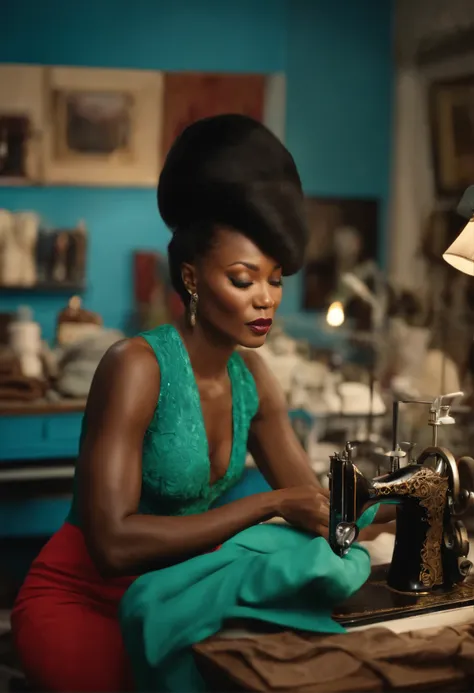 Naomi Campbell repairs sewing machine in sewing studio