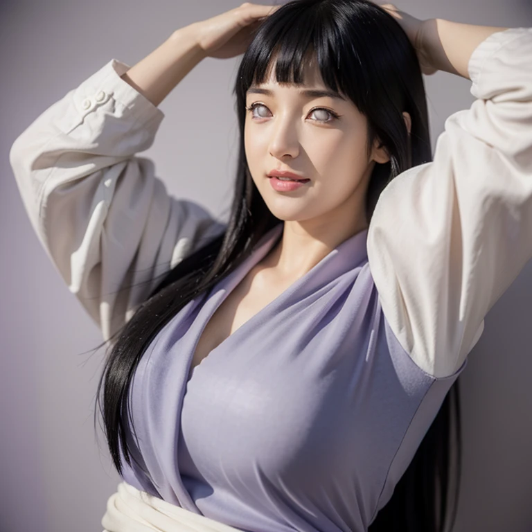 (highest quality,super detailed,realistic:1.37),Narutos Hinata,beautiful and fine eyes,Soft facial features,porcelain skin,long silky black hair,big breasts,tightly tied forehead protector,gentle smile,calm expression,casual clothes,white and lavender colo...