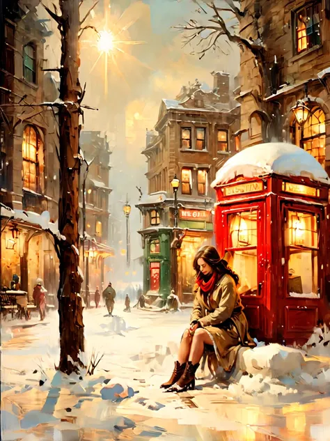 Midwinter，heavy snowfall，Everything is covered in snow and ice。street corner，A phone booth，A beautiful girl squatting on the ground，Jumpy，Waiting anxiously alone，This scene captures the cold white blanket of snow combined with the warmth emanating from the...