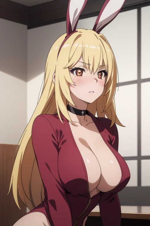 (masterpiece, best quality:1.2, high resolution, anime screencap, anime colored, 8k, photorealistic), 1girl, blonde hair, large breasts, choker, Red bunny ears, Red playboy suit, upper body, indoors, lights, blush, timid, Sit, (perfect detailed anatomy, be...