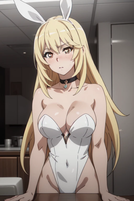 (masterpiece, best quality:1.2, high resolution, anime screencap, anime colored, 8k, photorealistic), 1girl, blonde hair, large breasts, choker, playboy suit, upper body, indoors, lights, blush, timid, Sit, (perfect detailed anatomy, beautiful detailed fac...