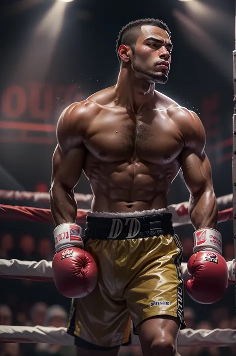 (digital painting)、(highest quality)、male, boxer stands with eyes closed、I&#39;m waiting quietly in the ring with both arms down., 8K Ultra Real、boxing clothes, brown skin, white breath, Sweat, steam