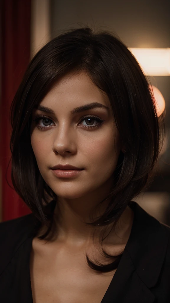 an eye contact of a brunette with bob hair and dark theme. in red