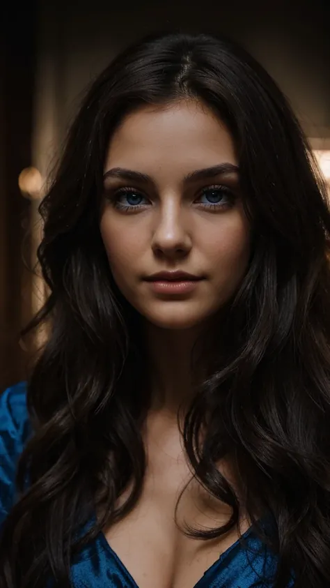 an eye contact of a brunette with long curly hair and dark theme. in blue