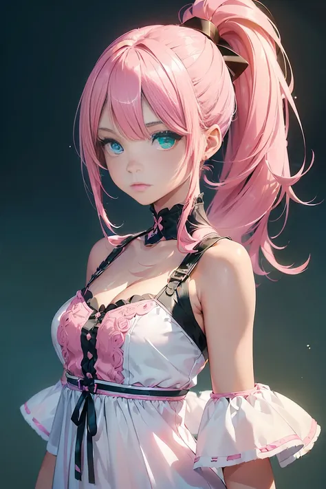 ((1 girl)), latest trend clothes, harajuku fashion,bare shoulders,arched back,cowboy shot,((Super detailed,highest quality, High resolution, 8k wallpaper, beautiful clothes,)),((pink hair, high ponytail,straight hair)) (green eyes),eye shadow, eyeliner,Glo...