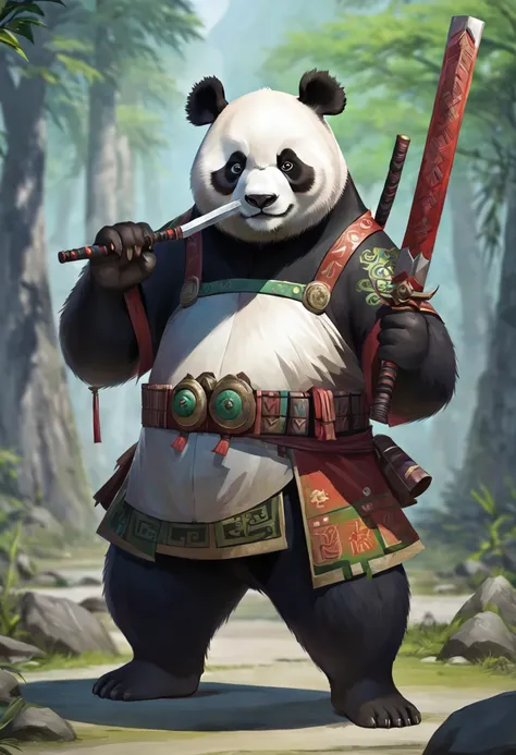 even,panda,no human,animal,ditu,totem,looking at viewer,take a weapon in one hand,holding weapon,standing, full body,solo,mg xio...