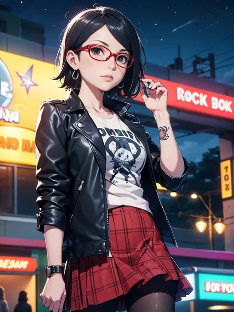 sarada uchiha with short hair, black eyes, wearing red glasses, she is wearing earrings and strings. she is dressed like a punk ...