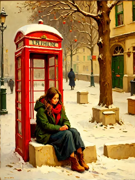 midwinter，heavy snowfall，everything is covered in snow and ice。street corner，a phone booth，((a beautiful girl squatting on the g...