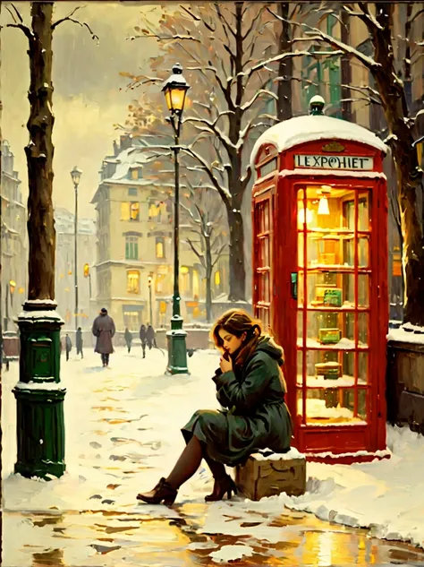 midwinter，heavy snowfall，everything is covered in snow and ice。street corner，a phone booth，((a beautiful girl squatting on the g...