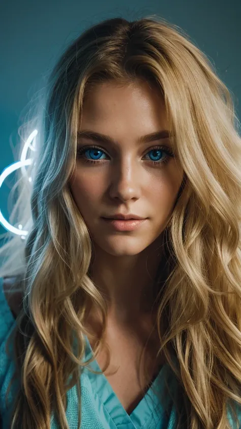 an eye contact of a blondy with long curly hair and light theme. hulf-turn. in light blue