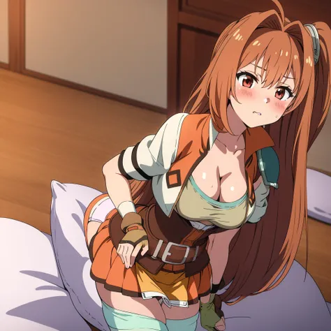 masterpiece, best quality, scEstelle, cropped jacket, green shoulder pad, tan shirt, (cleavage) orange skirt, belt, brown gloves, white thighhighs, (panties), (intricate panties:1.2),1girl, (solo), Bedroom, pillow, blush, huge breasts, imminent kiss, incom...