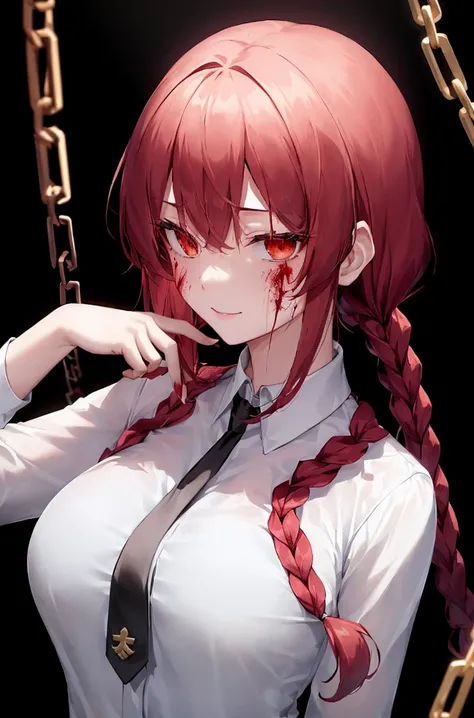 masterpiece, 最好of质量, run away (chainaw man), Super detailed, 1 girl, 独自of, permanent, Red hair, 她头上of光环 ,There is a lot of blood on her face , Bad guy , cyberpunk,  long braids, 金色of眼睛, Bangs, medium breasts, White shirt, tie, stare at, Smile, (of:1.2), lo...