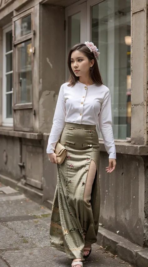 buttons, wearing acmm long skirt, white and pink with printed acmm long skirt
acmm ls outfit, wearing acmm top, olive green acmm top, long sleeves, wearing acmm long skirt, olive green acmm long skirt, printed skirt