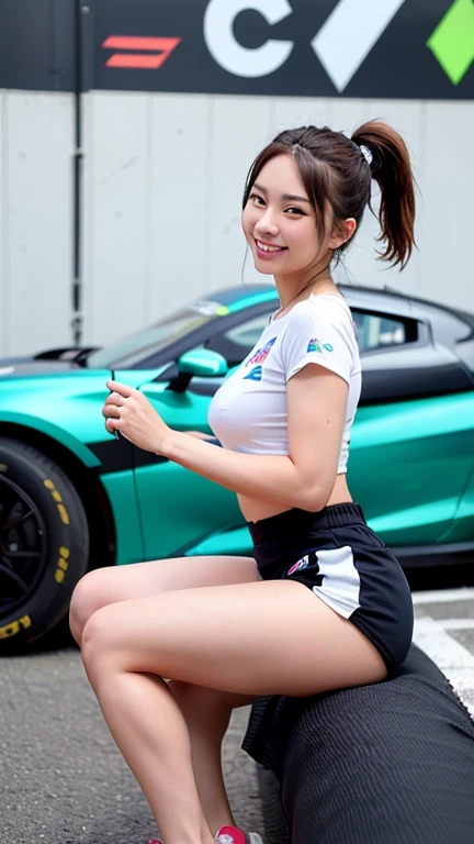 High resolution 8K、( highest quality), Super detailed, (masterpiece), realistic,  Highly detailed cute girl,( 25 years old), (Full body to toes:1.2)、(shot from the side:1.2)、(sitting on the hood of a car)、(lace queen)、(sexy pose）、(Stretch Pose)、(big breast...