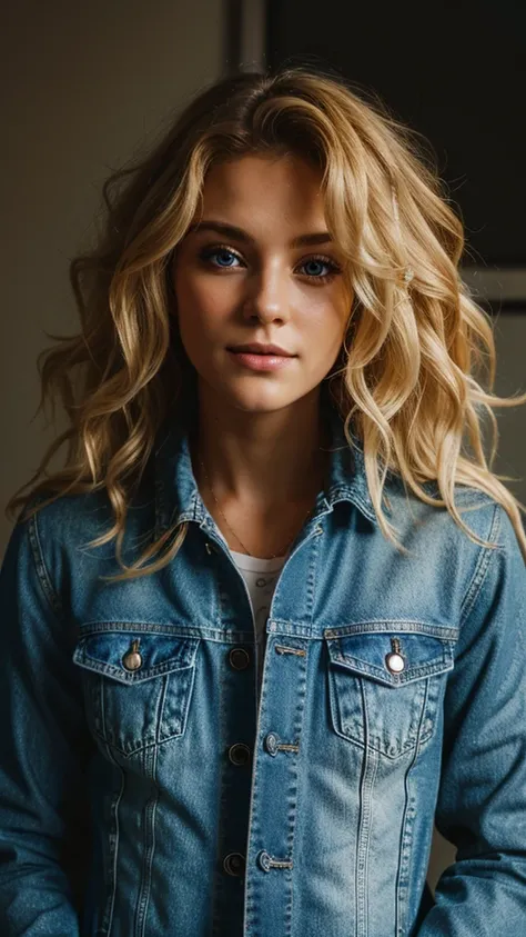 an eye contact of a blondy with long curly hair and light theme. half-turn. in denim jacket