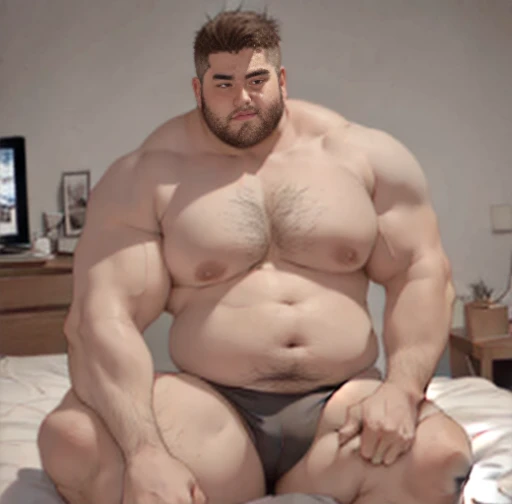 Arafi man sitting on bed with big belly, exaggerated physique, surreal full body figure, thick, sturdy, unusually large physique, muscular character, morbidly obesity, thickボディ, strong and sturdy body, obesity, attractive sturdy man, extremely swollen hips...