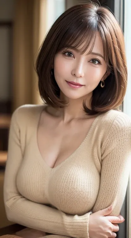 table top, highest quality, Photoreal, finely, High resolution, 8k wallpaper, perfect dynamic composition, beautiful and fine eyes, medium hair, big and full breasts, random sexy poses,random situation、(Tight beige knitwear)、(Breast bulge 1.5)、smile、５０age、...