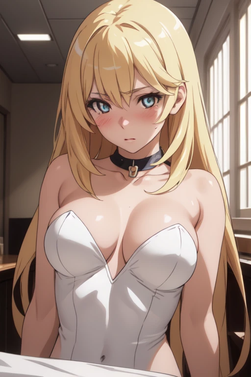 (masterpiece, best quality:1.2, high resolution, anime screencap, anime colored, 8k, photorealistic), 1girl, blonde hair, large breasts, choker, playboy suit, upper body:1.5, indoors, lights, blush, timid, Sit, (perfect detailed anatomy, beautiful detailed...