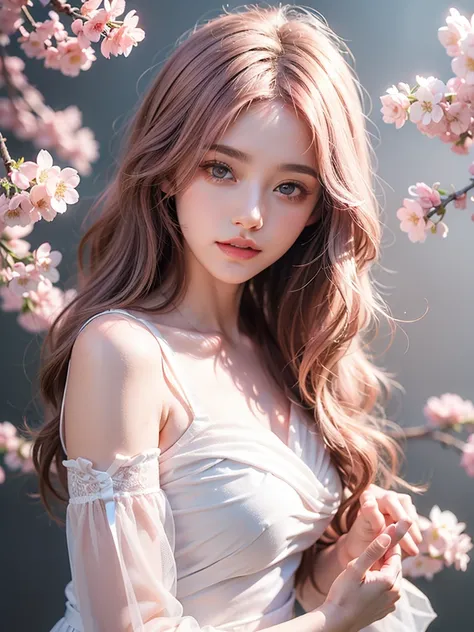 light pink hair, pink eyes, pink and white, cherry blossom leaves, Bright colors, white dress, paint splashes, simple background, ray tracing, wavy hair