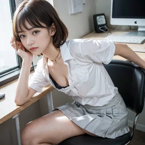 Downblouse, 15 years old school girl , munechira,(((small breasts))), looking away, leaning forward,bending over , from side above , close up, necklace ,in office,short sleeved button school shirt, within white detailed bra , short hair,sitting on chair an...