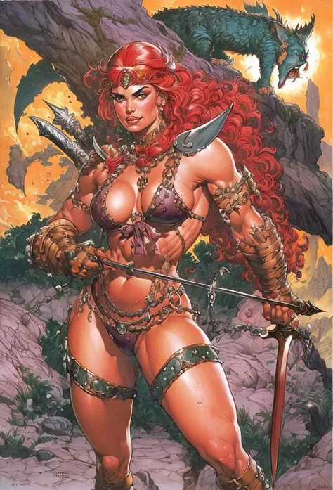 (obra de arte, melhor qualidade, high resolution:1.2), {babes}, um desenho de uma mulher com cabelos ruivos e uma espada, inspired por Clyde Caldwell, rainha ruiva em armadura vermelha pesada, inspirado em Joe Jusko, Direction: Glenn Fabry, por Clyde Caldw...