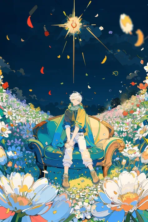 (masterpiece:1.2), best quality,PIXIV,fairy tale style,1 man with short white hair sitting in a field of green plants and flowers, warm lighting, white clothes, white pants, blurry foreground

