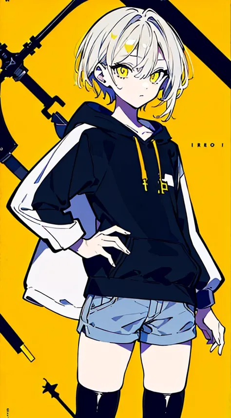 (masterpiece, highest quality:1.6), alone, thick outline, (simple background, Dark yellow background, monochrome, dark yellow theme:1.2), official art, Key Visual, 8K, disorganized, whole body, (Unique hair, Oversized Hoodies, hot pants, arch back, short t...