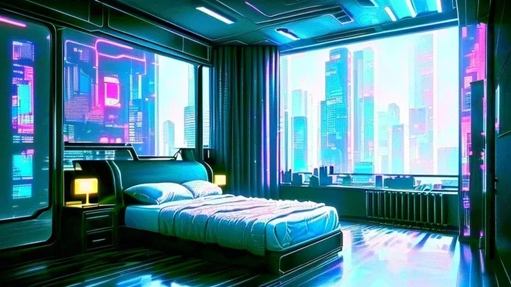 There is a bedroom with a bed and a chair, futuristic room, futuristic room background, Cozy 90s Bedroom Retro Futurism, futuristic decoration, Retro-futuristic apartment, Futuristic interior, cyberpunk teenager bedroom, Galaxy-themed rooms, futuristic dec...