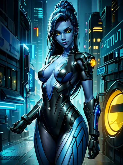 A girl with a blue skin tone, piercing yellow eyes, and a seductive smile, wearing a sleek black bodysuit with a distinctive spider emblem on her chest, standing in a futuristic urban environment with neon lights and holographic advertisements. The artwork...