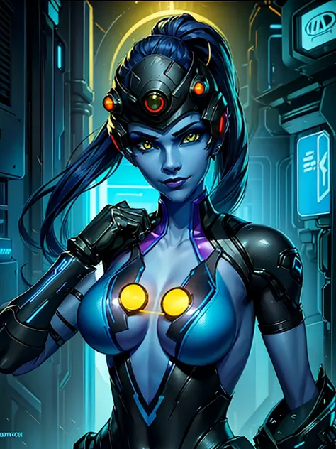 A girl with a blue skin tone, piercing yellow eyes, and a seductive smile, wearing a sleek black bodysuit with a distinctive spider emblem on her chest, standing in a futuristic urban environment with neon lights and holographic advertisements. The artwork...