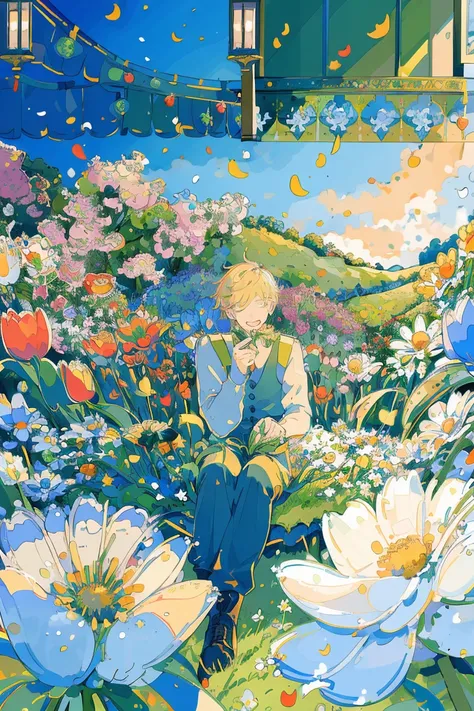 (masterpiece:1.2), best quality,PIXIV,fairy tale style,1 man with short blond hair sitting in a field of green plants and flowers, warm lighting, blurry foreground, happy

